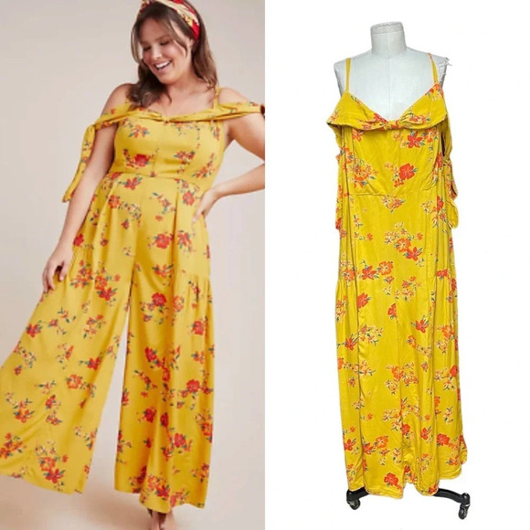 Anthropologie Londonderry‎ Jumpsuit Wide Leg Floral Print Yellow Plus Size 16W - Picture 1 of 12